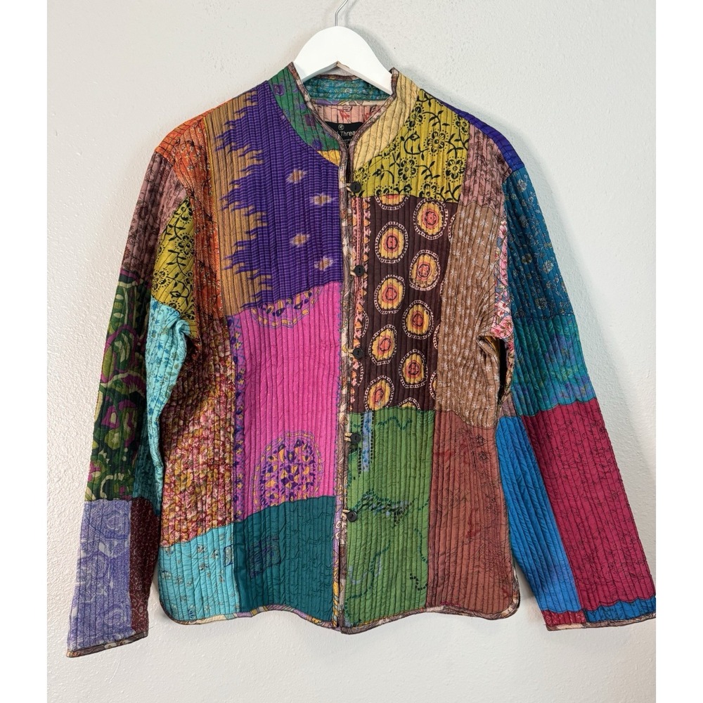 Vintage 90s Sacred Threads Silk Patchwork Quilted Boho Jacket India M/L